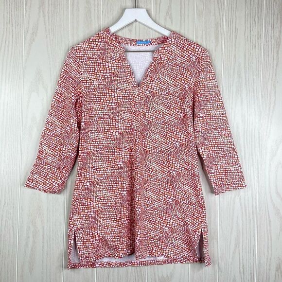 J. McLaughlin Women's Multicolor Brickwork 3/4 Length Split Neck Tunic Top Red S - Picture 1 of 6